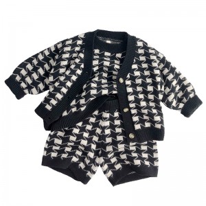 Children's sweater suit  Spring and autumn knitted cardigan vest shorts three-piece set