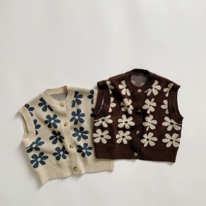 Spring and Autumn New Thickened Children's Cotton Vest  Vintage flower knitted coat sleeveless sweater single breasted round neck