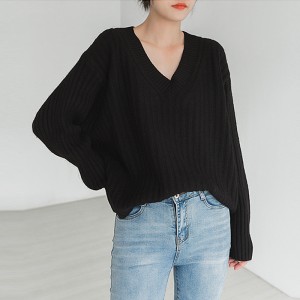 Women's spring and autumn sweater loose V-neck plain simple knit pullover