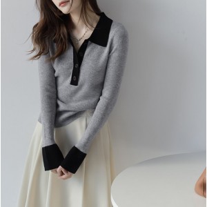 Women's polo neck sweater long-sleeved cotton sweater Contrast Design Pullover T-Shirt loose coat