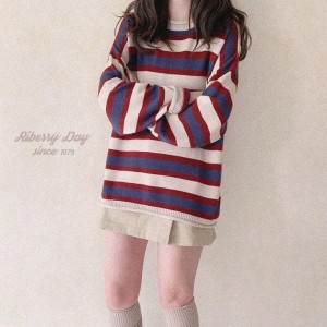 American Vintage Blue Red Striped Knitted Sweater Coat Women's Spring and Autumn Japanese Loose Pullover Long Sleeve Sweater