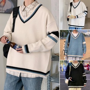 New Pullover Long Sleeve Loose Sweater Men's autumn and winter V-neck sweater top