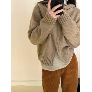 Hooded Solid Sweater Coat Women's Casual Short Thick Zip Cardigan