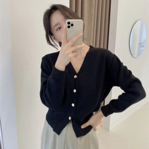 Spring and Autumn New Women's cardigan V-neck knitted sweater Short Loose Fit Long Sleeve loose coat