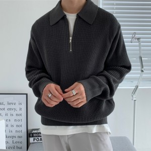 Men's Polo Neck Long Sleeve Sweater Winter Loose knit polo zip coat