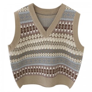 V-neck knitted vest vest vest Women's Spring and Autumn Pullover Sleeveless Retro Contrast Color Sweater