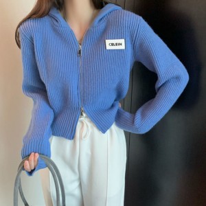  Короткий свитер конфетного цвета Женская трикотажная рубашка на молнии Пальто 